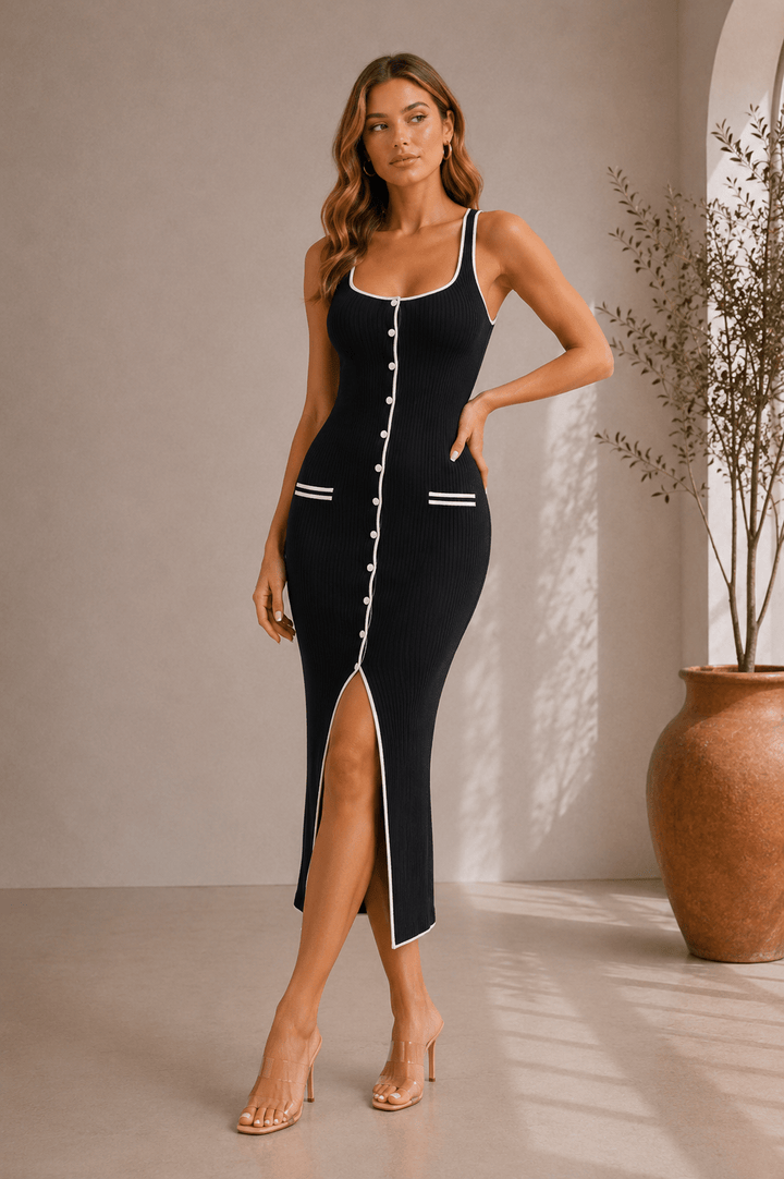 Black Button Office Sweater Midi Dress - STYLED BY ALX COUTUREDresses