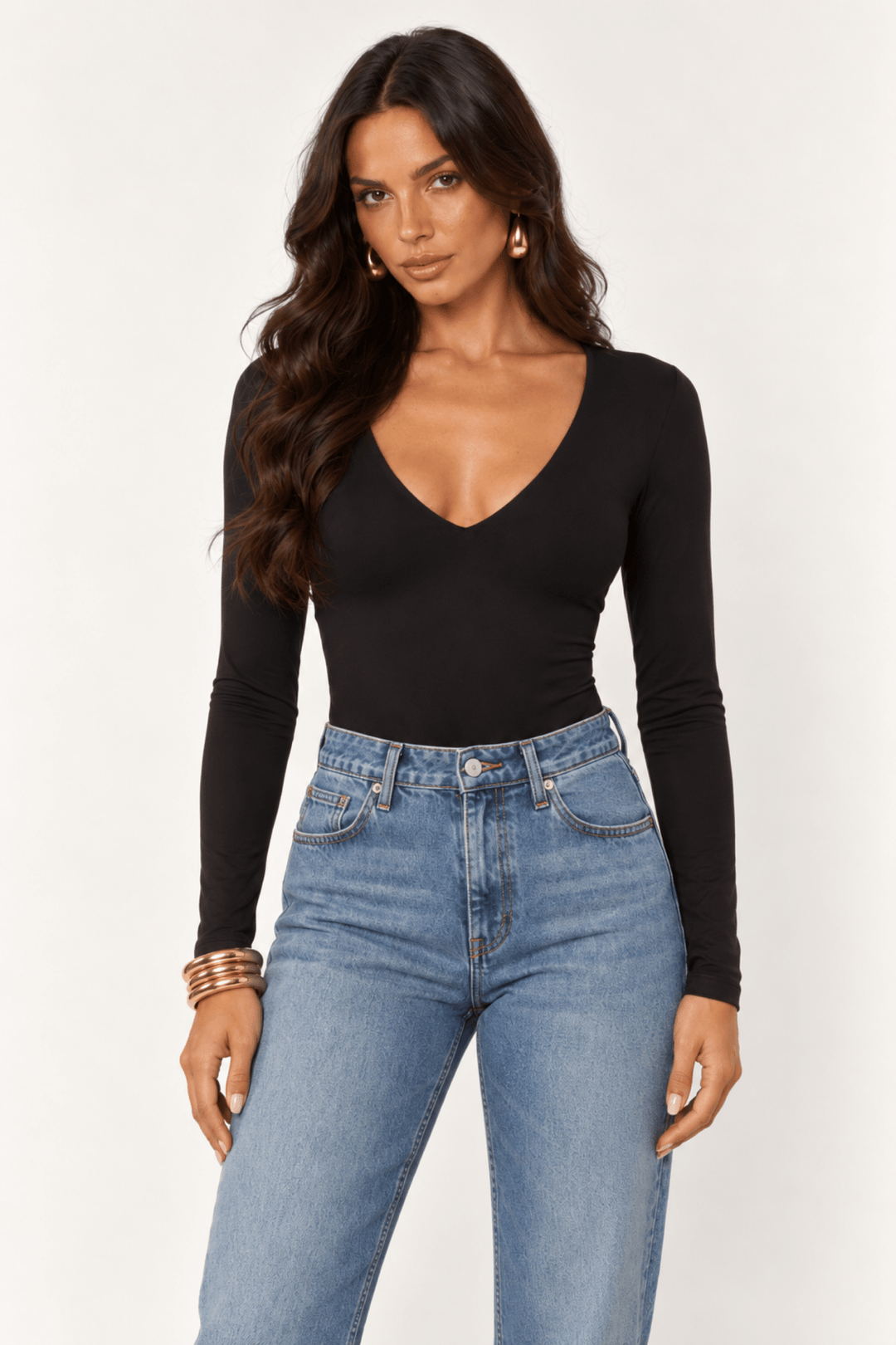 Black Contour V-Neck Bodysuit - STYLED BY ALX COUTUREBodysuits