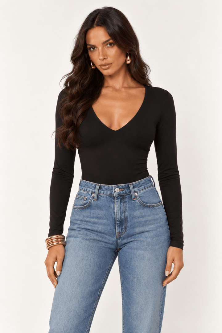 Black Contour V-Neck Bodysuit - STYLED BY ALX COUTUREBodysuits