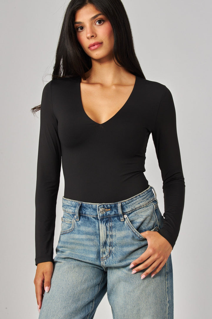 Black Contour V-Neck Bodysuit - STYLED BY ALX COUTUREBodysuits