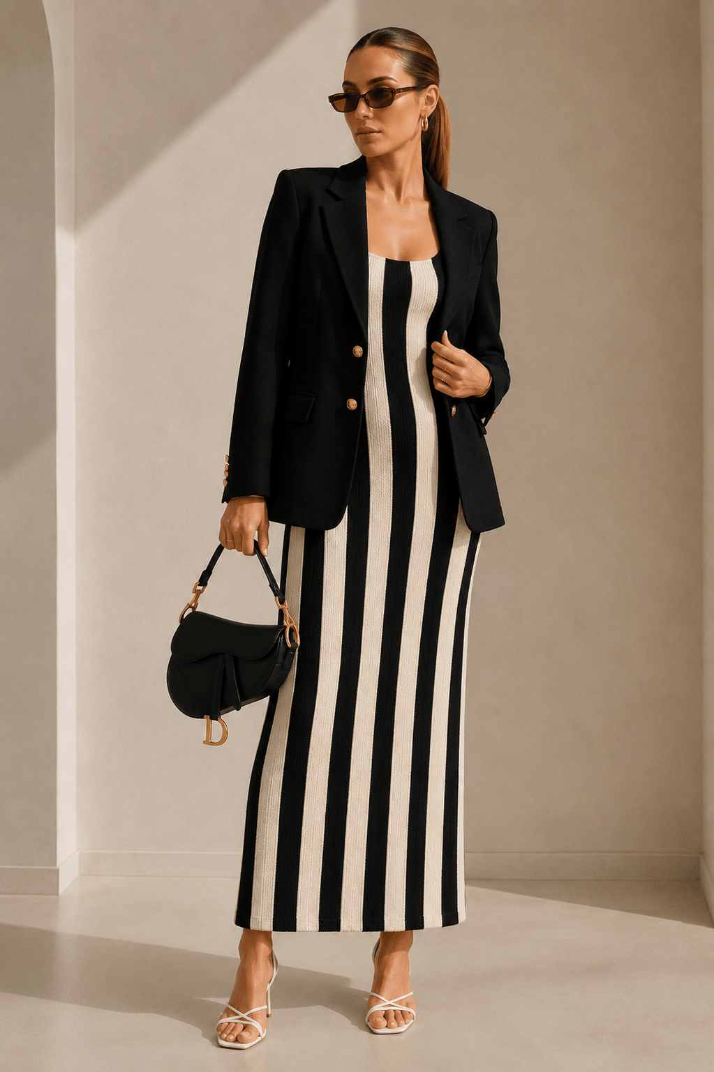 Black & Cream Striped Terry Midi Maxi Dress - STYLED BY ALX COUTUREDresses