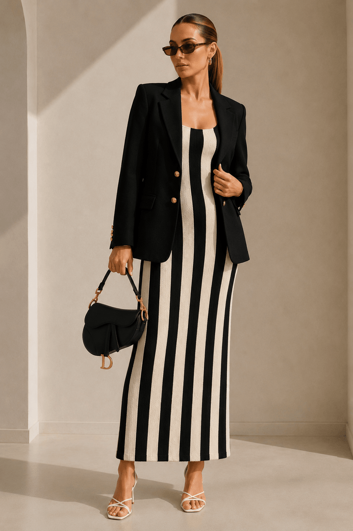 Black & Cream Striped Terry Midi Maxi Dress - STYLED BY ALX COUTUREDresses