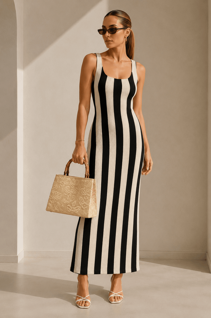 Black & Cream Striped Terry Midi Maxi Dress - STYLED BY ALX COUTUREDresses