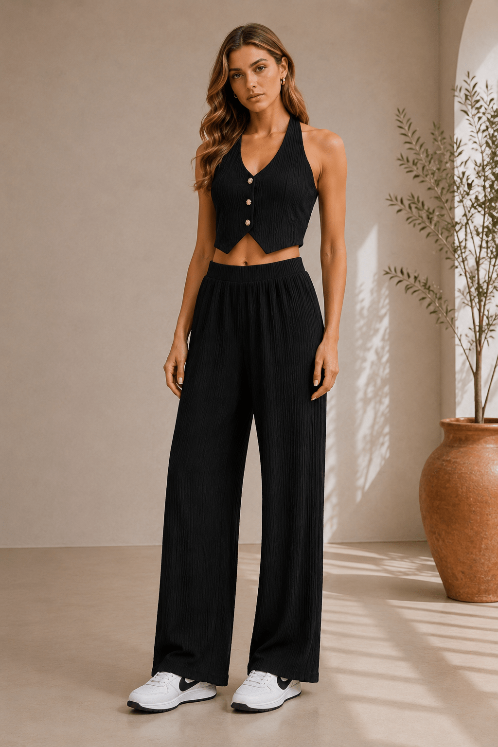 Black Crinkled Vest Pant Set - STYLED BY ALX COUTUREOutfit Sets