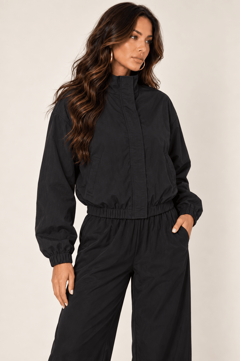 Black Cropped Nylon Windbreaker Jacket - STYLED BY ALX COUTURECoats &amp; Jackets