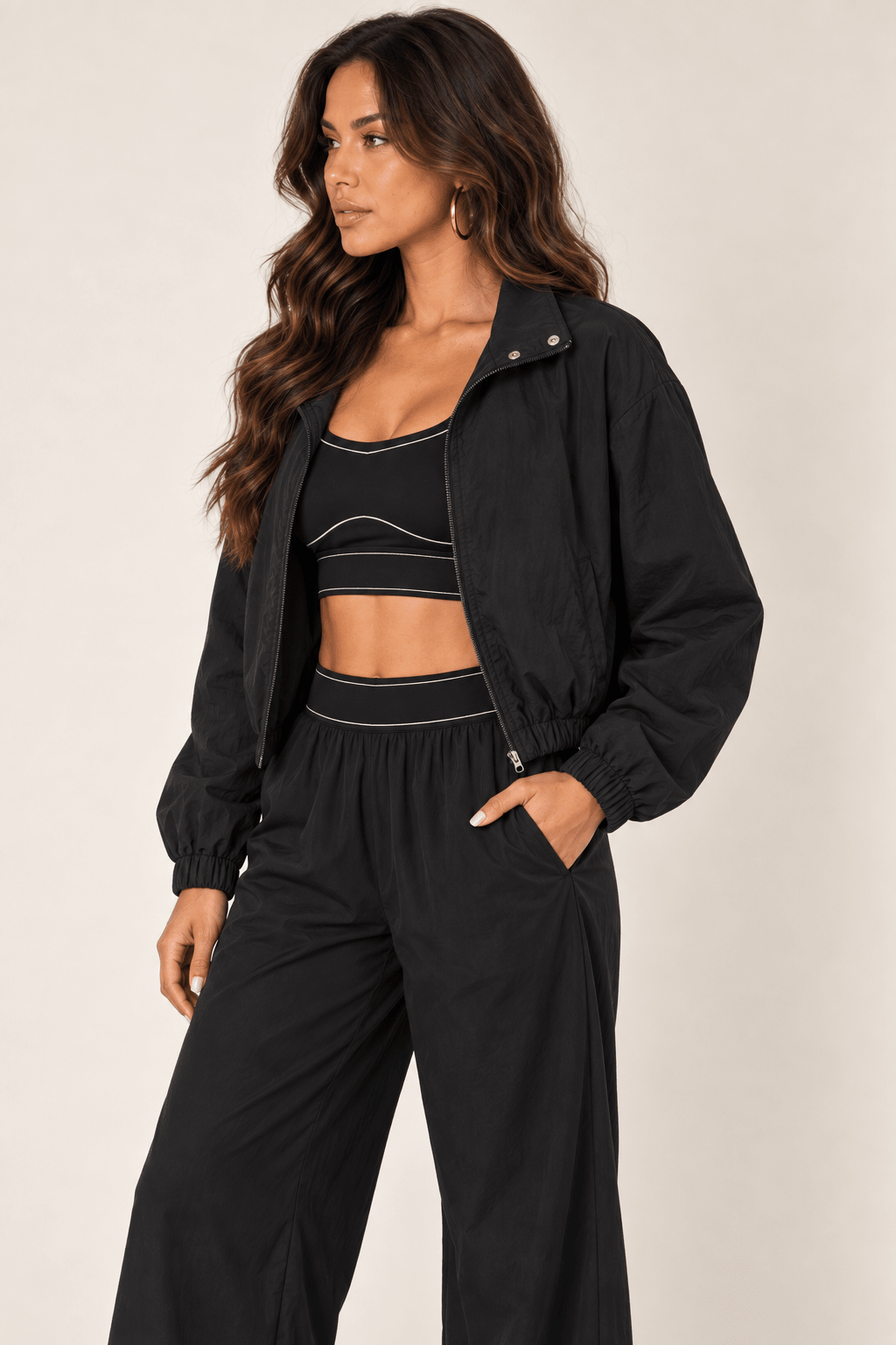 Black Cropped Nylon Windbreaker Jacket - STYLED BY ALX COUTURECoats &amp; Jackets