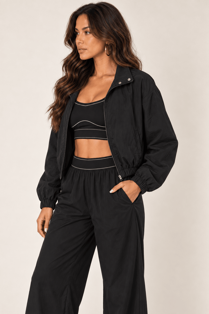Black Cropped Nylon Windbreaker Jacket - STYLED BY ALX COUTURECoats &amp; Jackets