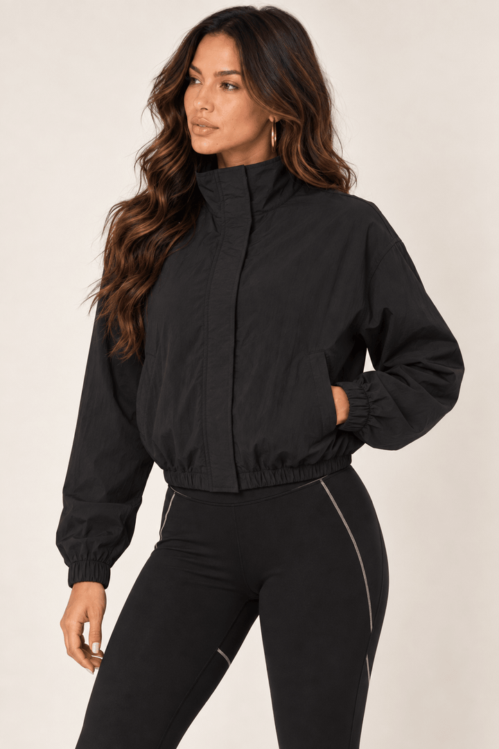 Black Cropped Nylon Windbreaker Jacket - STYLED BY ALX COUTURECoats &amp; Jackets