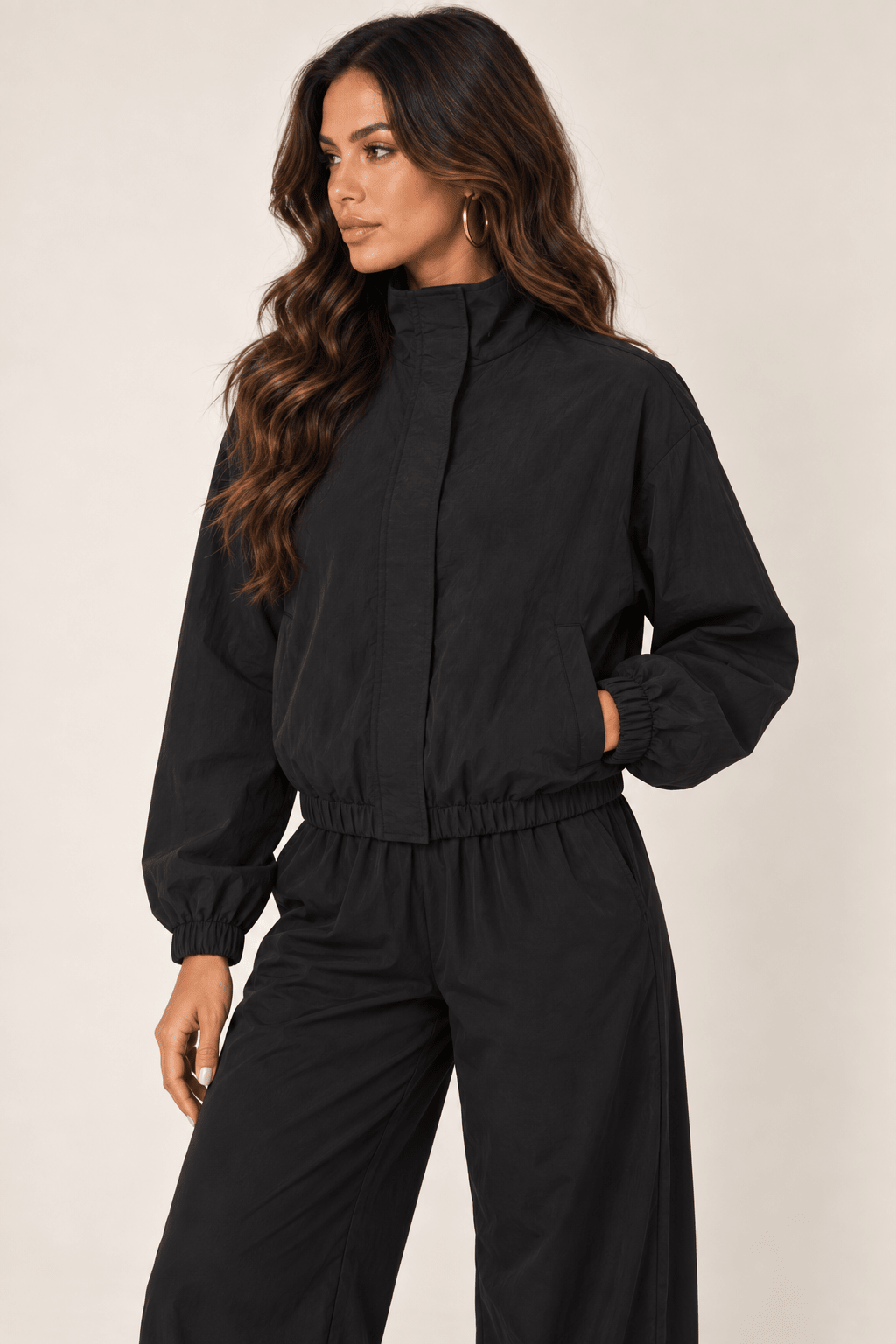 Black Cropped Nylon Windbreaker Jacket - STYLED BY ALX COUTURECoats &amp; Jackets