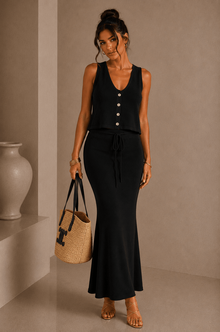 Black Drawstring Knit Maxi Skirt - STYLED BY ALX COUTUREOutfit Sets