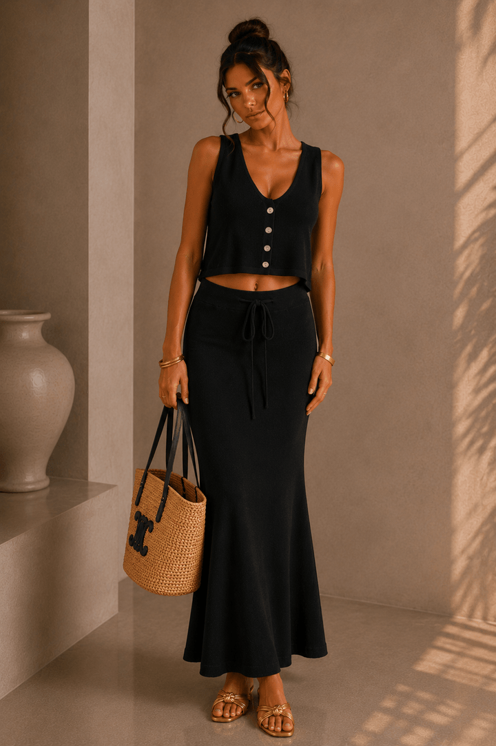 Black Drawstring Knit Maxi Skirt - STYLED BY ALX COUTUREOutfit Sets