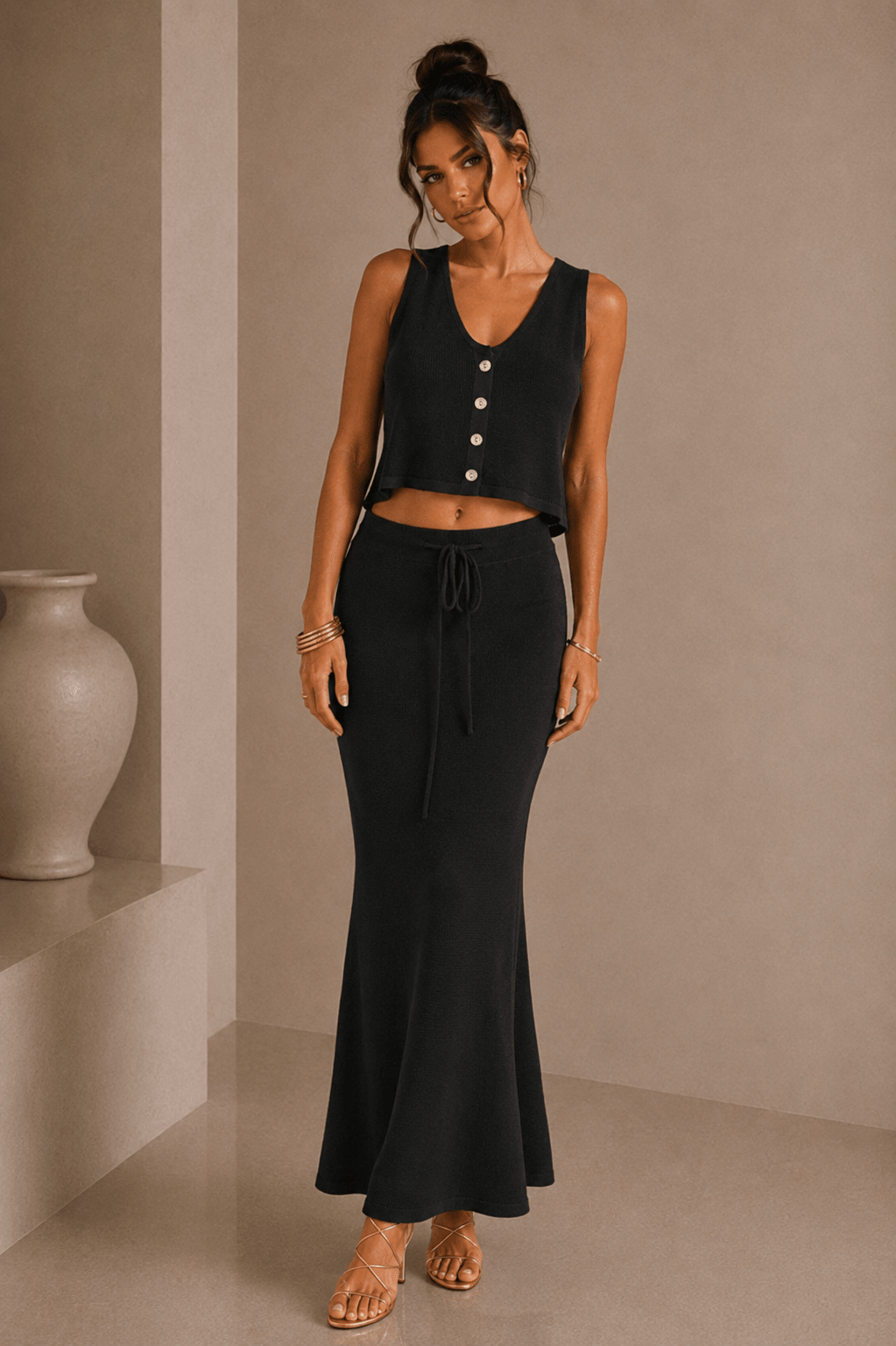 Black Drawstring Knit Maxi Skirt - STYLED BY ALX COUTUREOutfit Sets