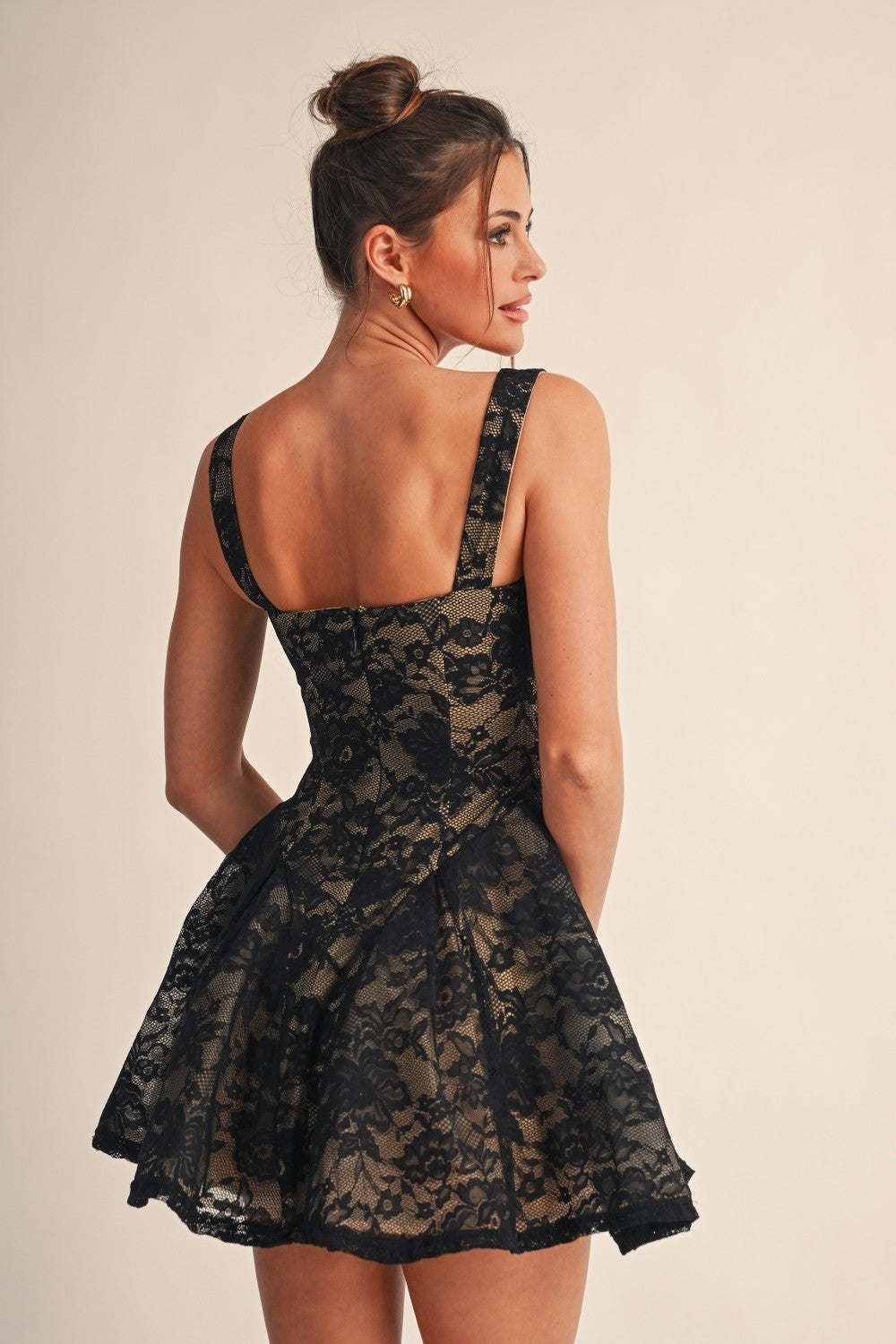 Black lace fit and flare mini dress, back view