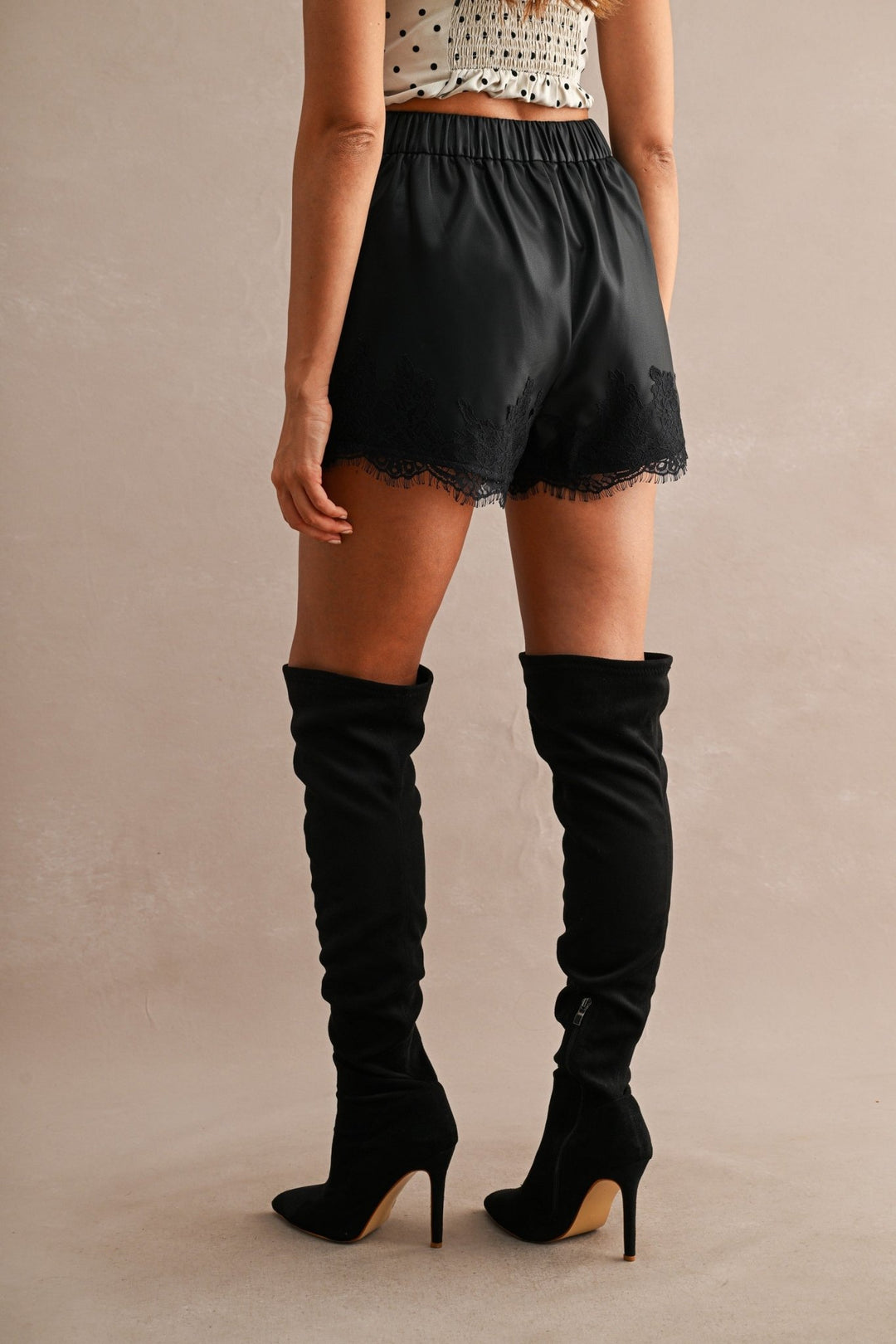 Black Faux Leather Lace Shorts - STYLED BY ALX COUTUREShorts