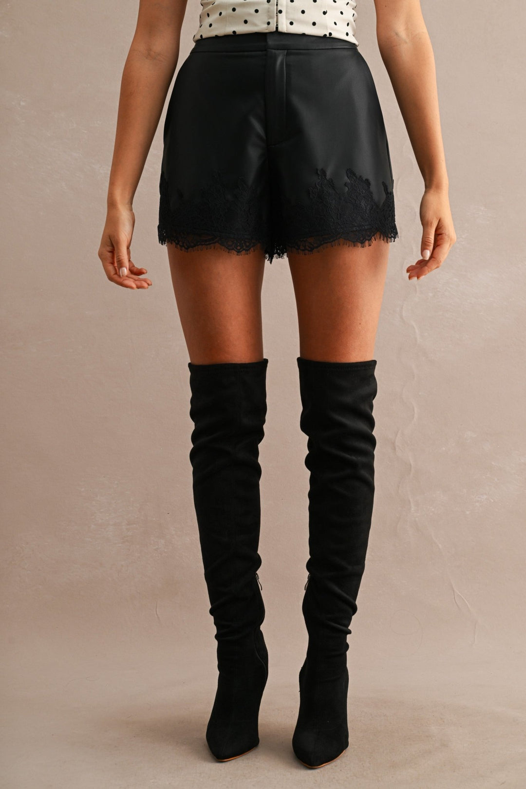 Black Faux Leather Lace Shorts - STYLED BY ALX COUTUREShorts