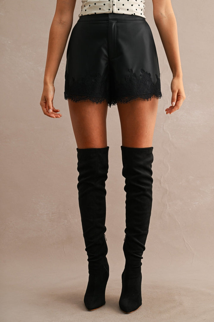 Black Faux Leather Lace Shorts - STYLED BY ALX COUTUREShorts