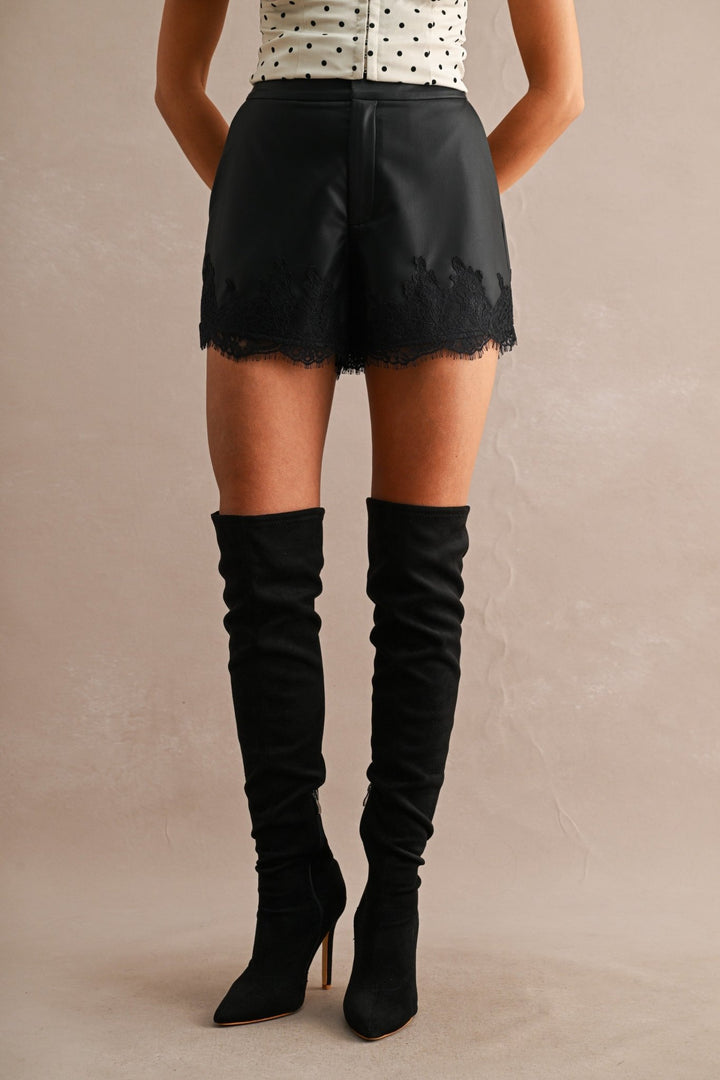 Black Faux Leather Lace Shorts - STYLED BY ALX COUTUREShorts