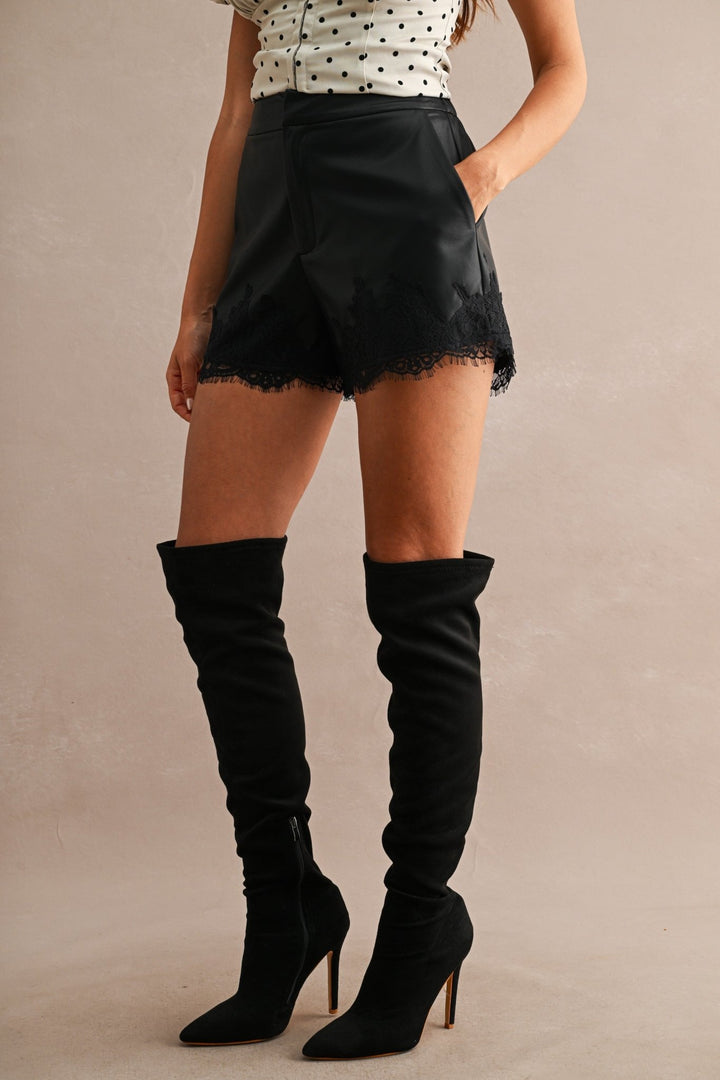Black Faux Leather Lace Shorts - STYLED BY ALX COUTUREShorts