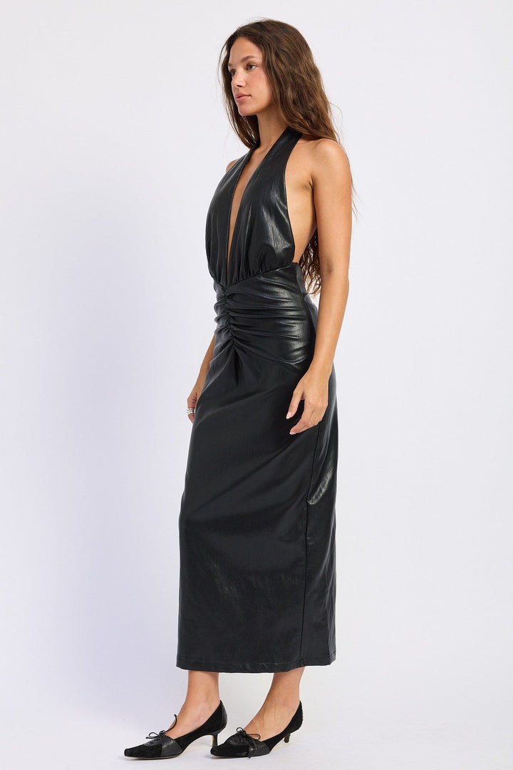 Black Faux Leather Plunging Halter Ruched Midi Dress - STYLED BY ALX COUTUREDresses