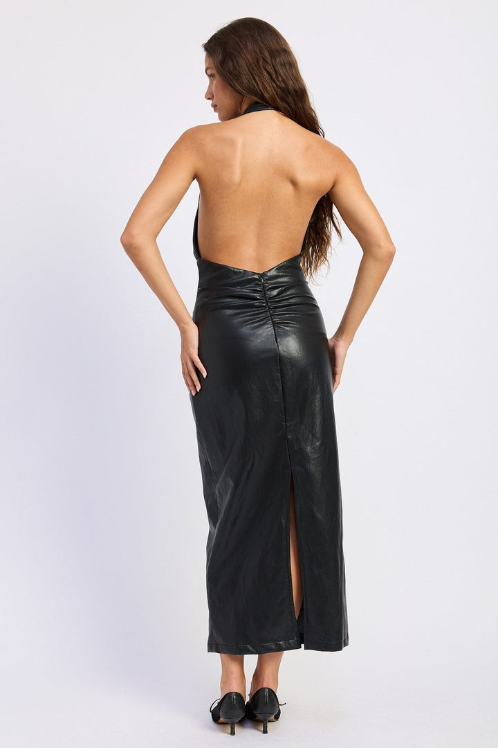 Black Faux Leather Plunging Halter Ruched Midi Dress - STYLED BY ALX COUTUREDresses