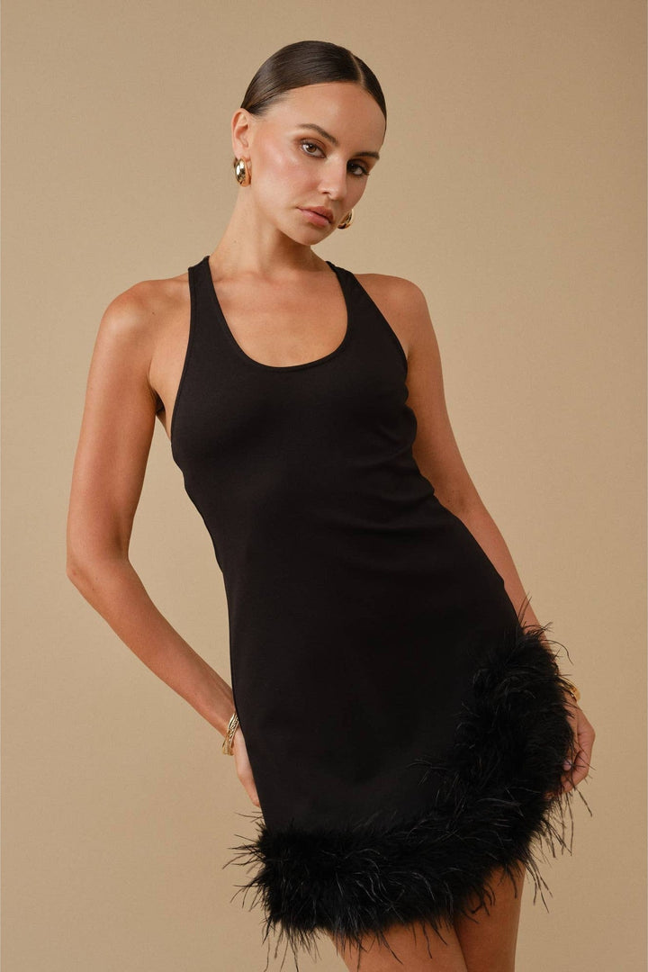Black Feather Trim Racerback Mini Dress - STYLED BY ALX COUTUREDresses
