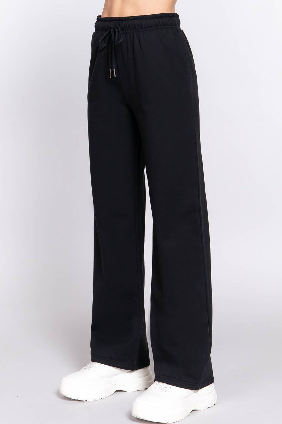 Front view of the black straight leg inner fleece jogger pants with drawstring waist and side pockets