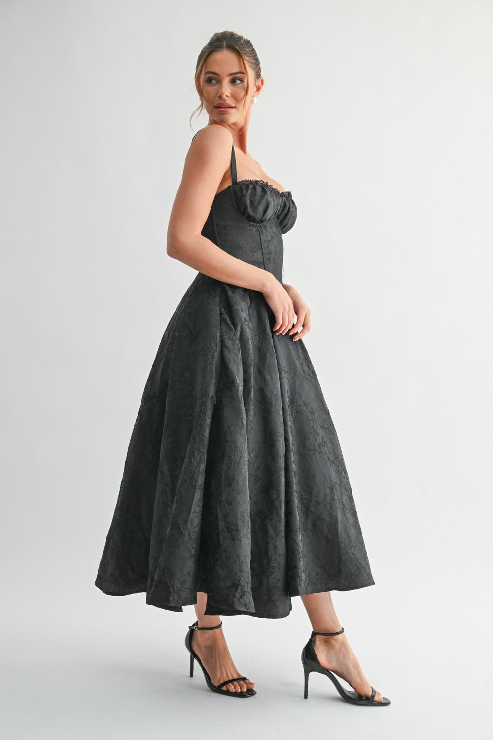 Black Fleur corset dress with shaped cups and delicate lace trim
