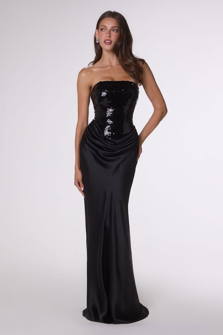 Black Gia Strapless Sequin Bodice Satin Gown - STYLED BY ALX COUTUREDresses