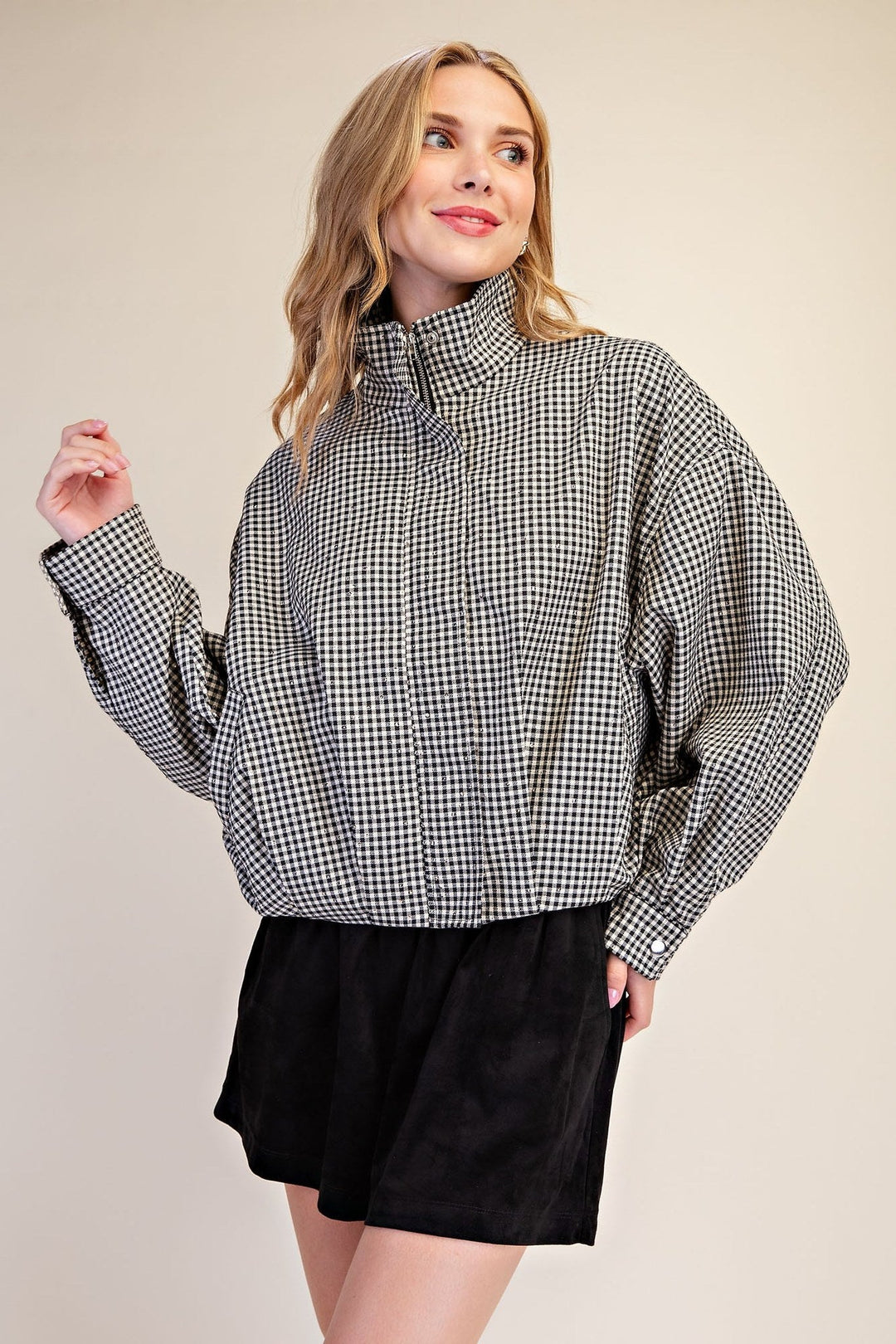 Black Gingham Sequin Bomber Jacket - STYLED BY ALX COUTUREOuterwear
