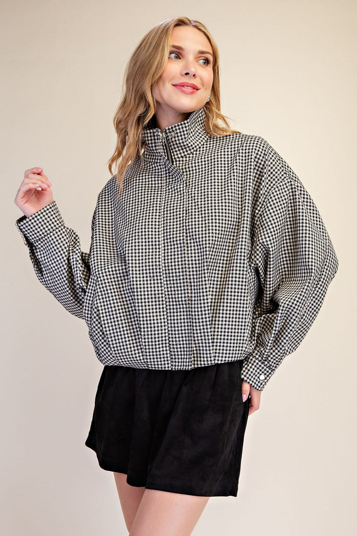 Black Gingham Sequin Bomber Jacket - STYLED BY ALX COUTUREOuterwear