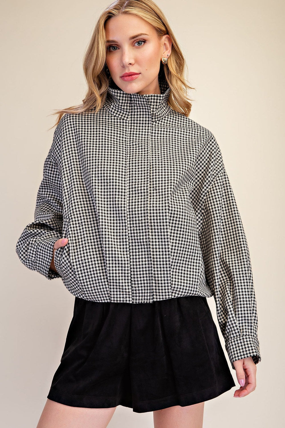 Black Gingham Sequin Bomber Jacket - STYLED BY ALX COUTUREOuterwear