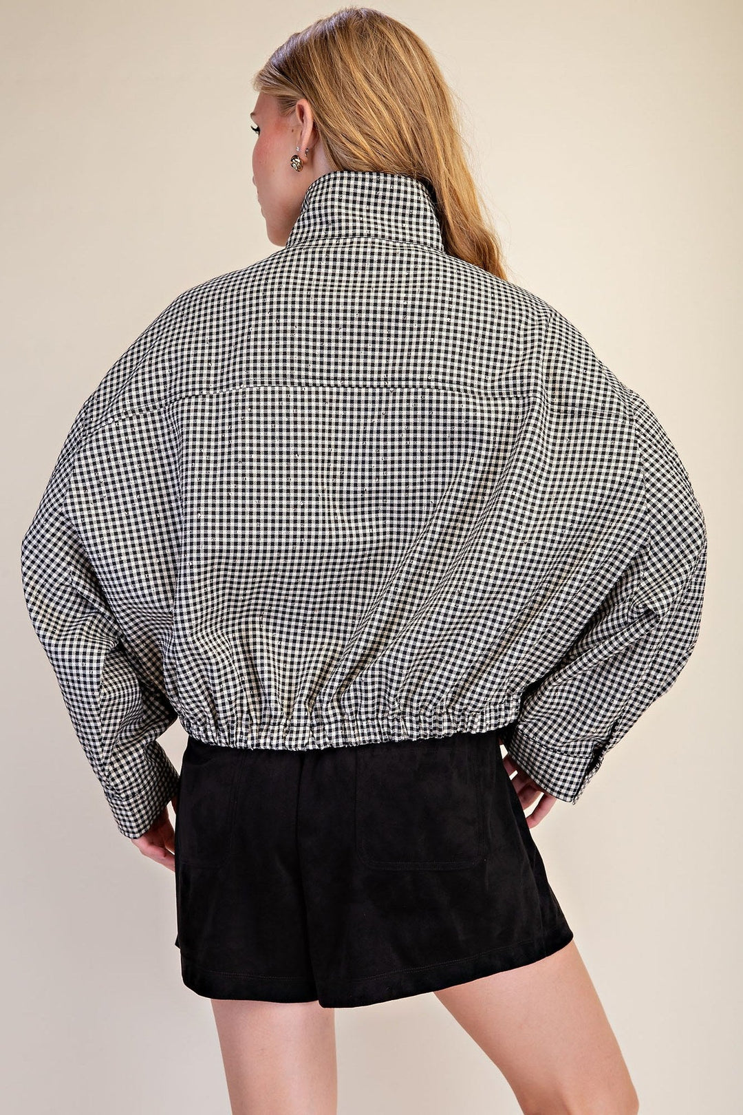 Black Gingham Sequin Bomber Jacket - STYLED BY ALX COUTUREOuterwear