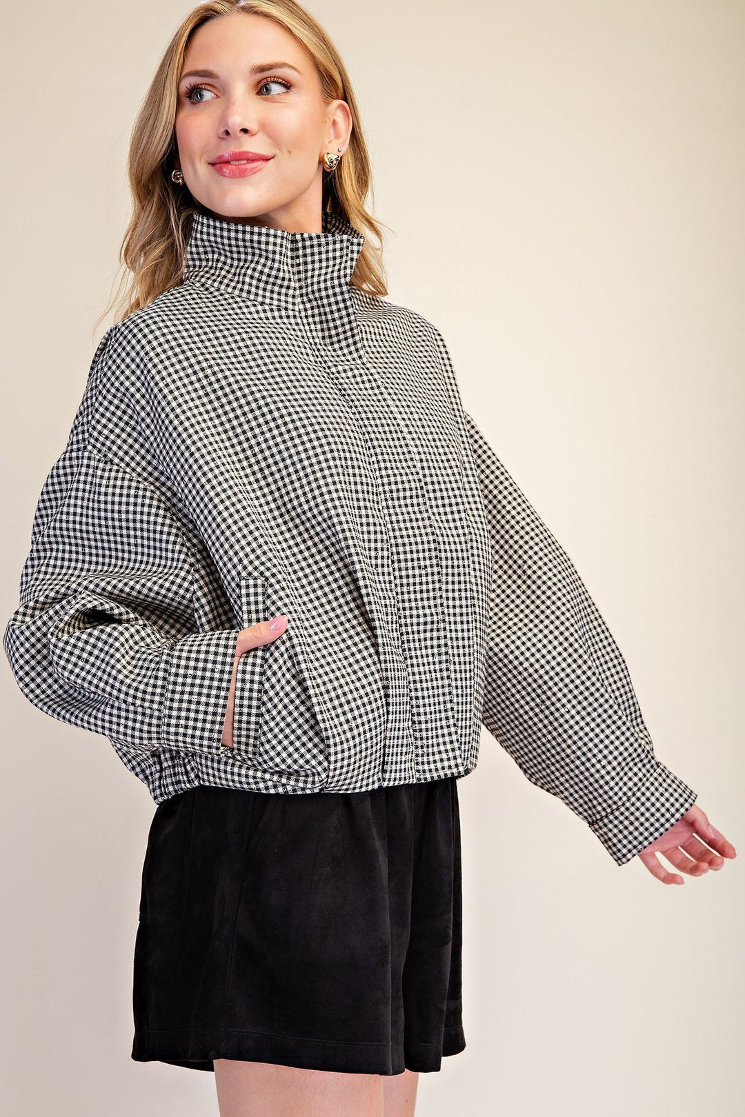 Black Gingham Sequin Bomber Jacket - STYLED BY ALX COUTUREOuterwear
