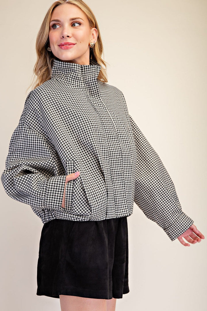 Black Gingham Sequin Bomber Jacket - STYLED BY ALX COUTUREOuterwear