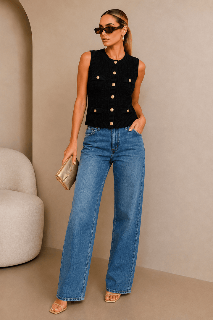 Black Gold Button Cardigan Top - STYLED BY ALX COUTURETOP