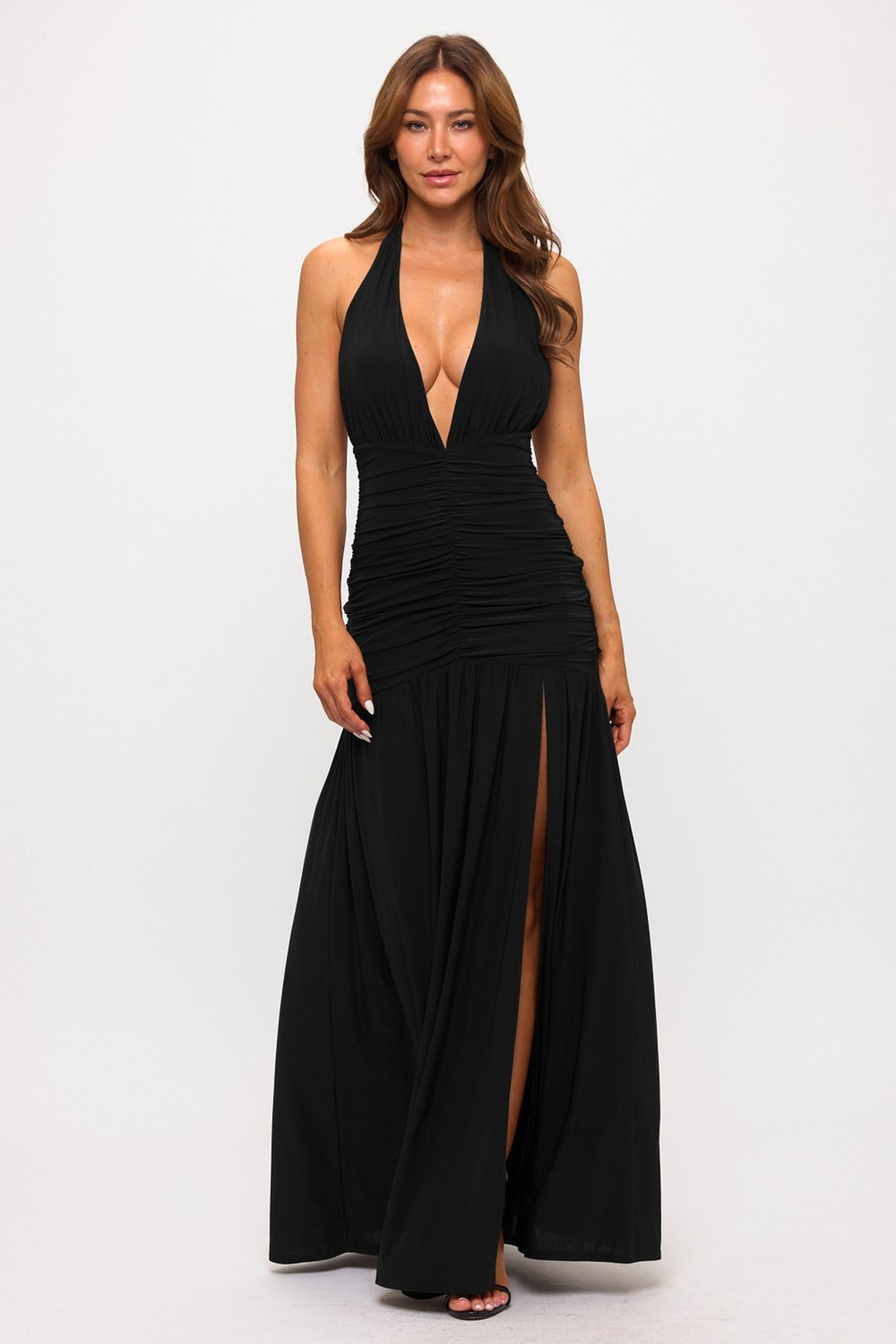 Black halter plunging neckline ruched maxi dress with side slit, front view