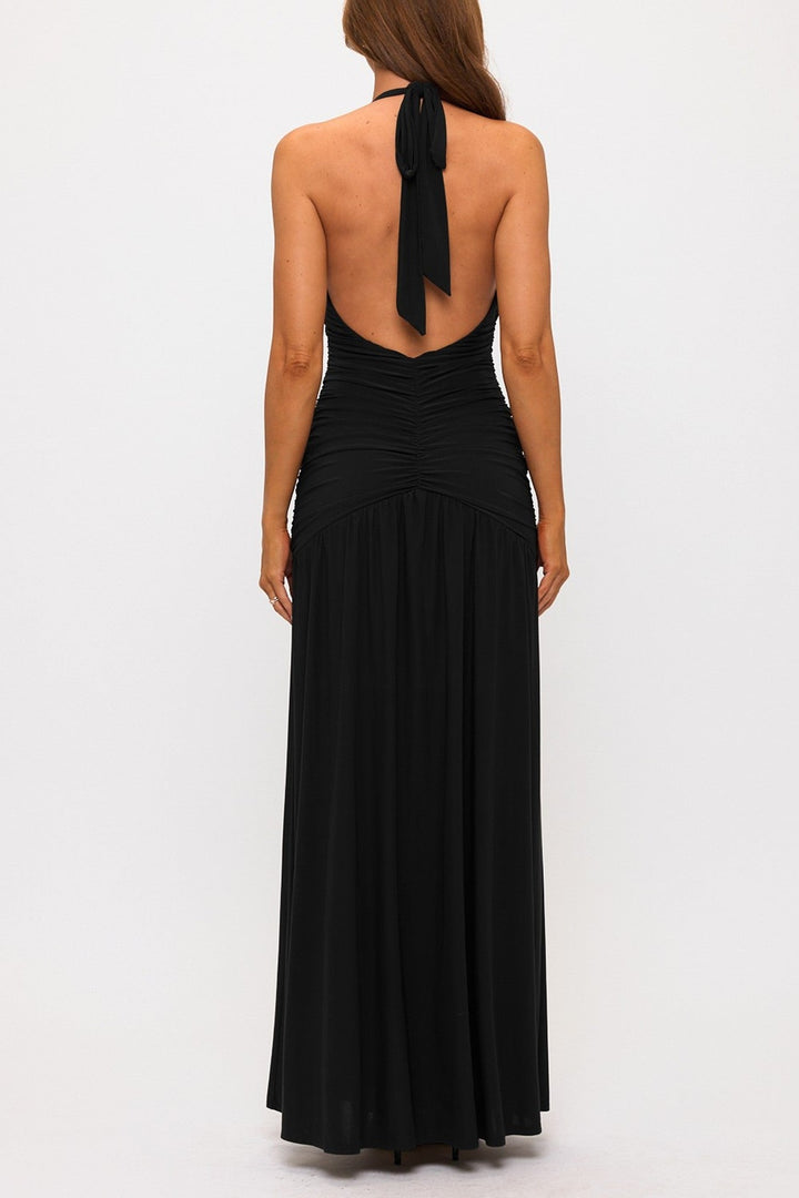 Black Halter Plunging Neckline Ruched Maxi Dress - STYLED BY ALX COUTUREDresses