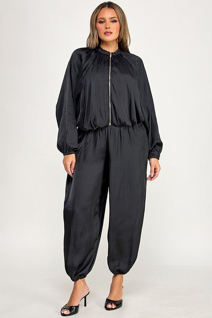 Black High Collar Balloon Sleeve Bomber Jacket - STYLED BY ALX COUTUREOuterwear