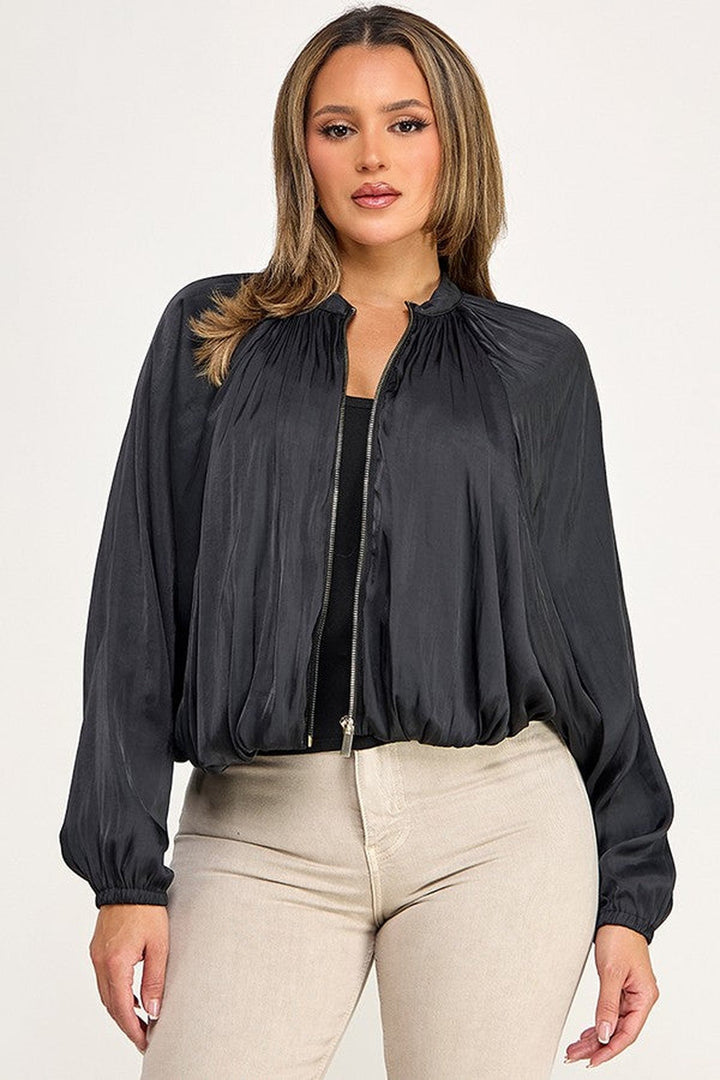 Black High Collar Balloon Sleeve Bomber Jacket - STYLED BY ALX COUTUREOuterwear