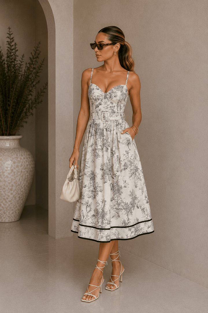 Black & Ivory Jungle Prin Belted Midi Dress - STYLED BY ALX COUTUREDresses