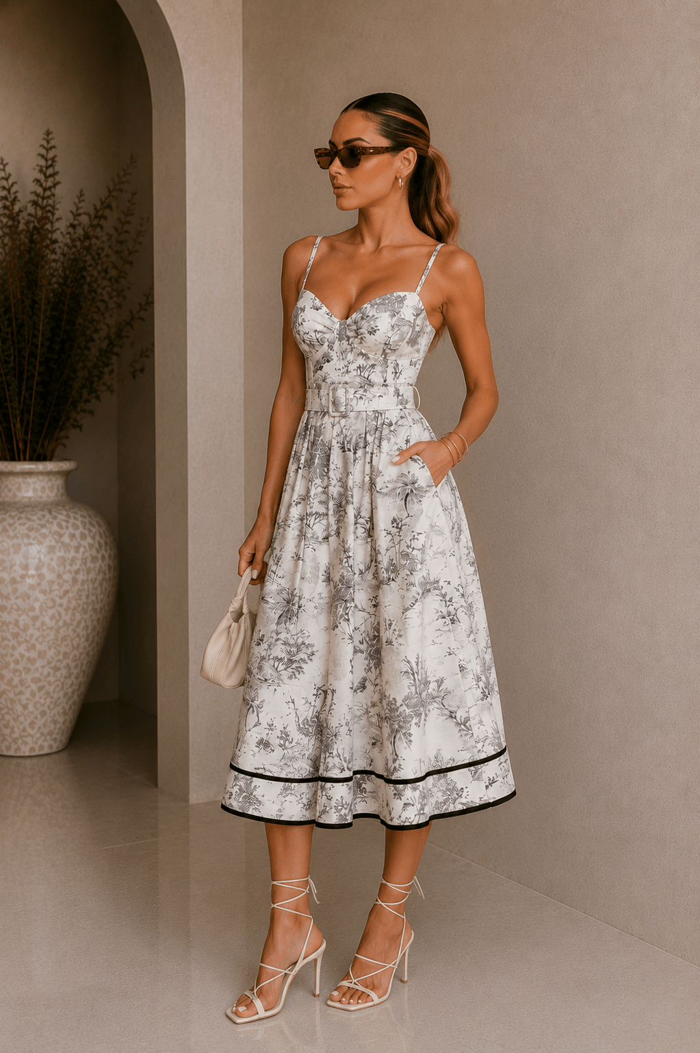 Black & Ivory Jungle Prin Belted Midi Dress - STYLED BY ALX COUTUREDresses