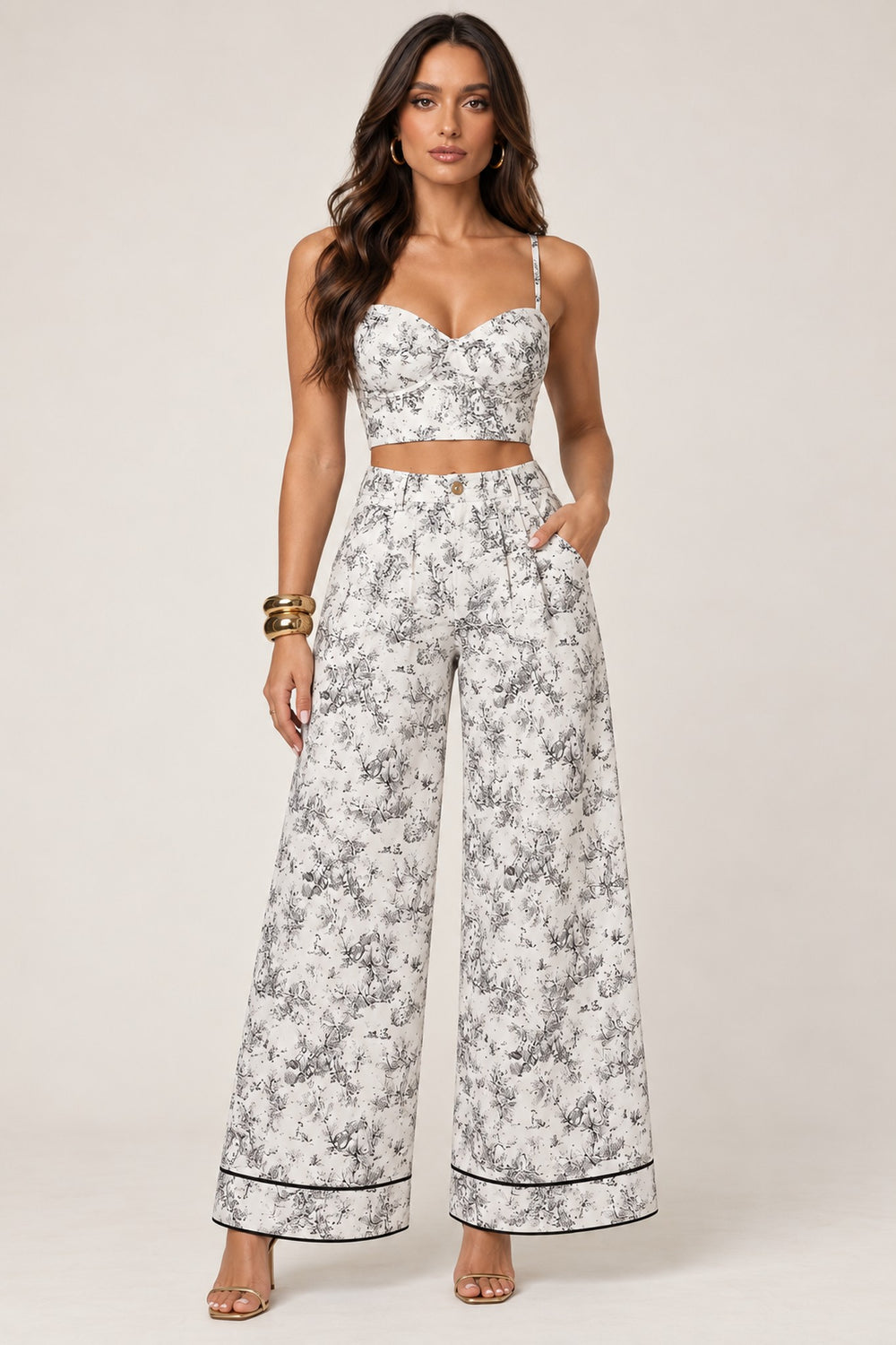 Black ivory jungle print corset top and pants set, front view