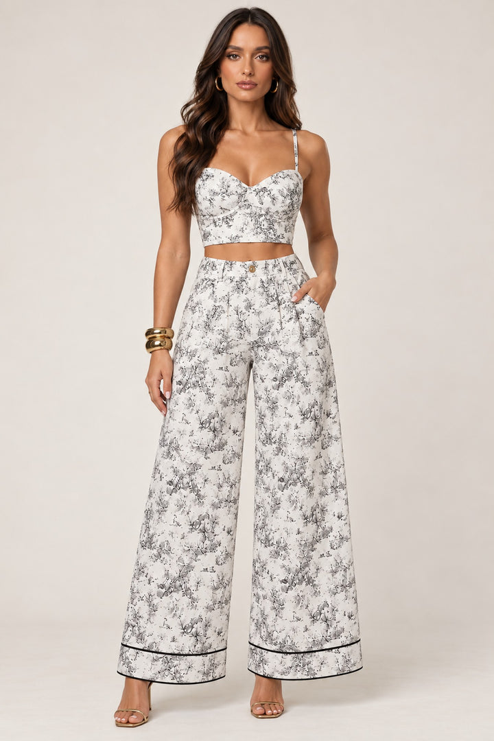 Black ivory jungle print corset top and pants set, front view