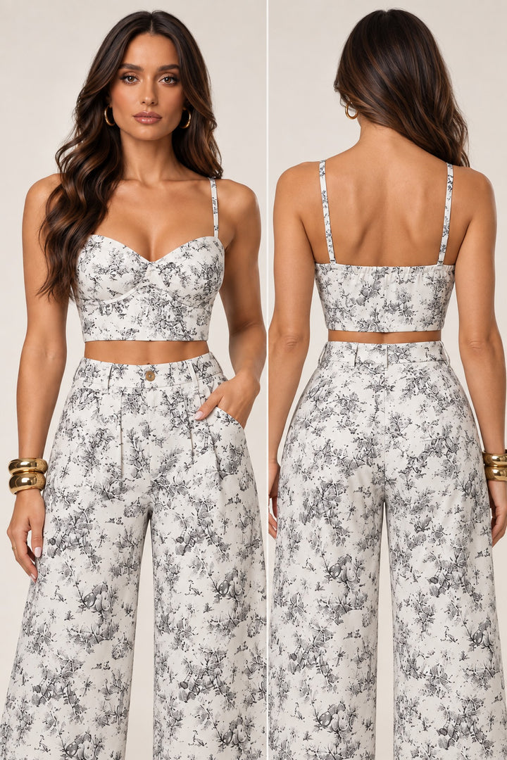 Jungle print corset pant set, front and back views