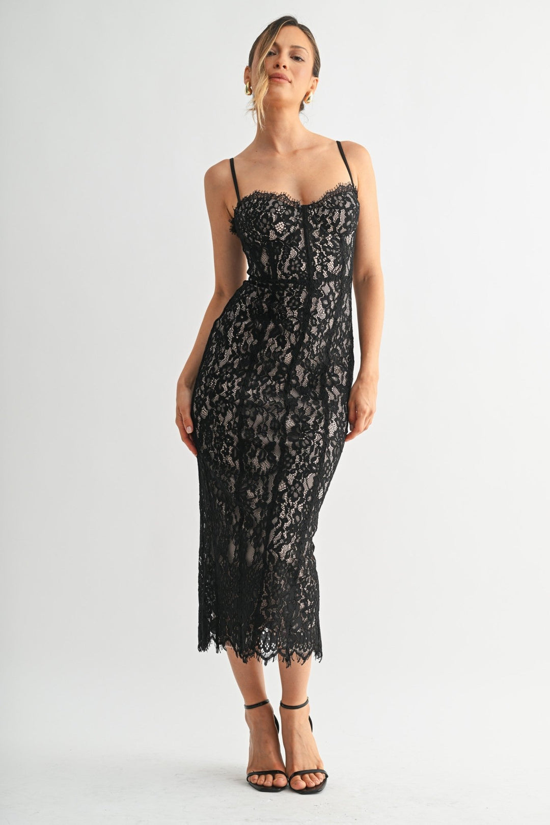 Black Lace Corset Midi Dress
