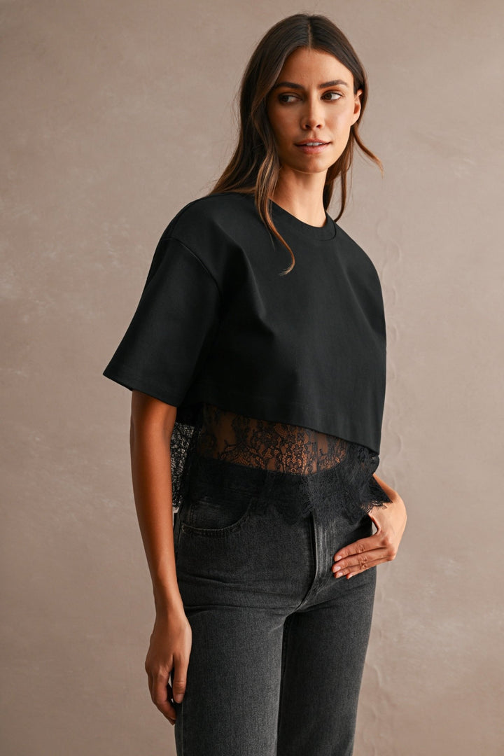 Black Lace Trim Cropped Tee - STYLED BY ALX COUTUREShirts &amp; Tops