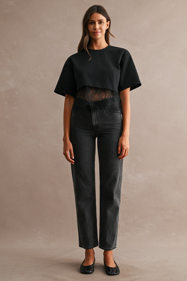 Black Lace Trim Cropped Tee - STYLED BY ALX COUTUREShirts &amp; Tops