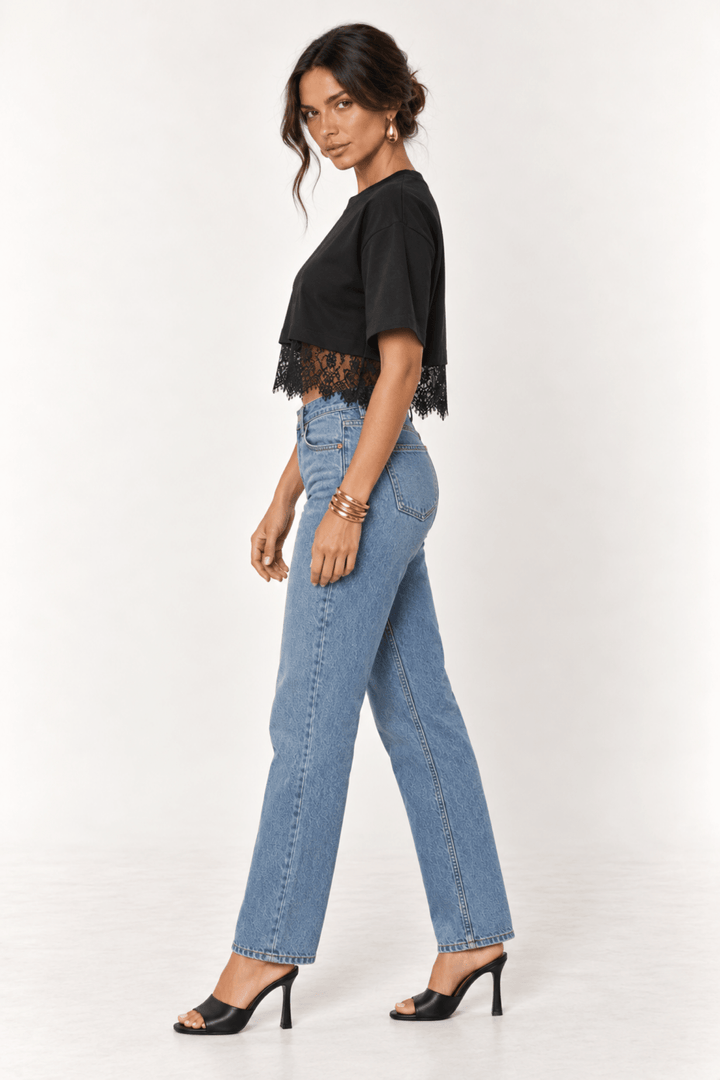 Black Lace Trim Cropped Tee - STYLED BY ALX COUTUREShirts &amp; Tops