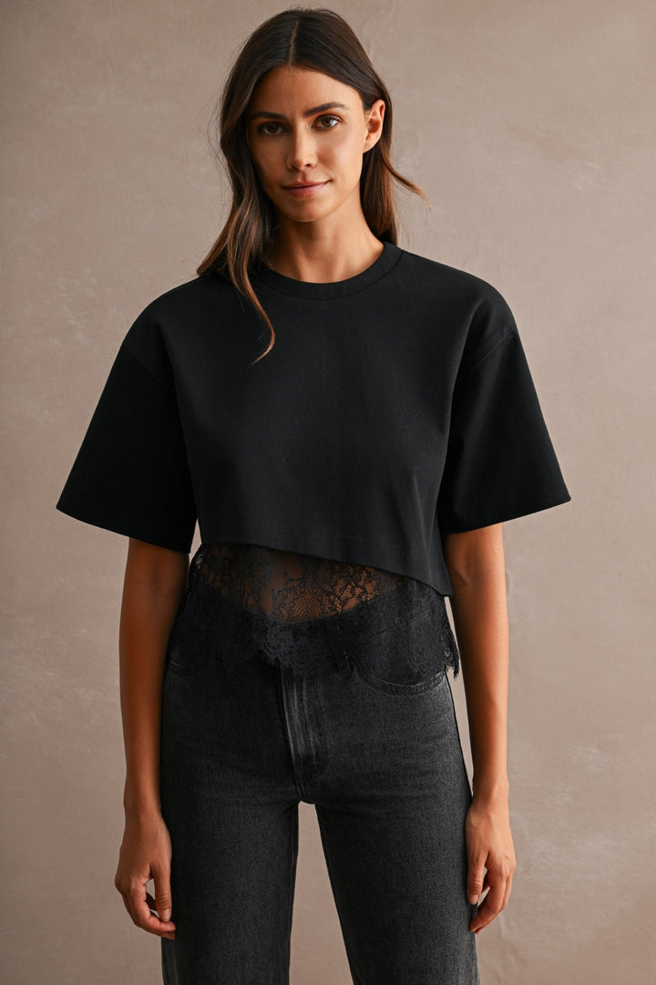 Black Lace Trim Cropped Tee - STYLED BY ALX COUTUREShirts &amp; Tops