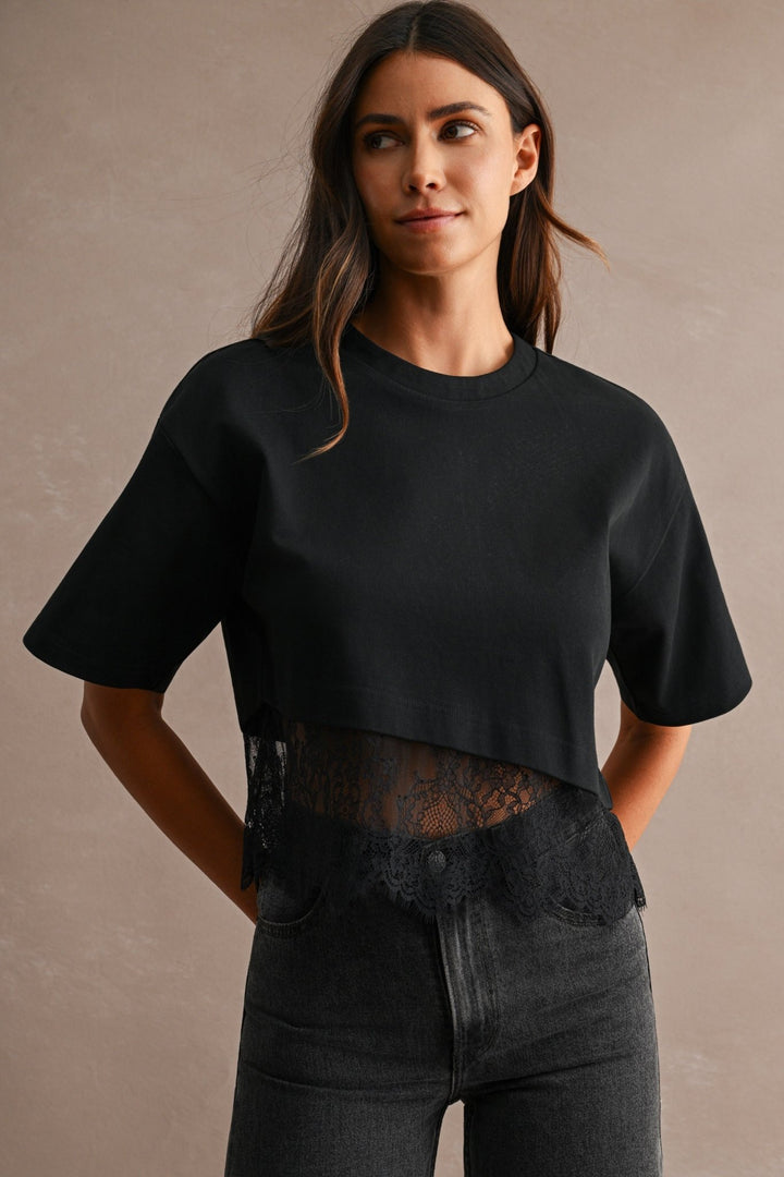 Black Lace Trim Cropped Tee - STYLED BY ALX COUTUREShirts &amp; Tops